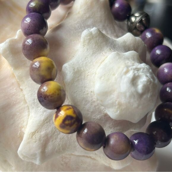 Purple and Yellow Beaded natural stone Bracelets silver 8mm fits 15-17cm wrists - Picture 4 of 5